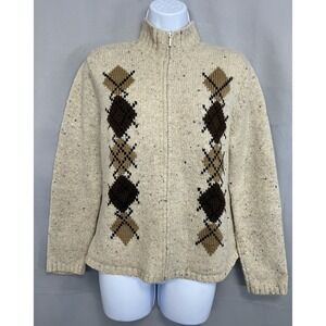 VTG Eddie Bauer‎ 100% Wool Full Zip Up Argyle Knit Sweater Sz Medium Beige Y2K